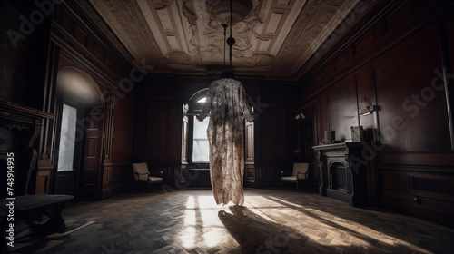 A mysterious and eerie headless suit suspended in mid-air against abandoned Victorian mansion interior 