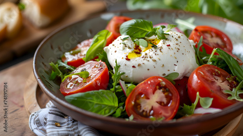 Burrata with ripe tomatoes and arugula in a clay bowl. Classic burrata salad with fresh basil and tomatoes. Burrata cheese, arugula and tomato salad with olive oil
