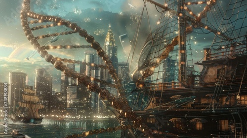 DNA helix unraveling over a pirate ship, skyscrapers in the backdrop, blending biology with adventure