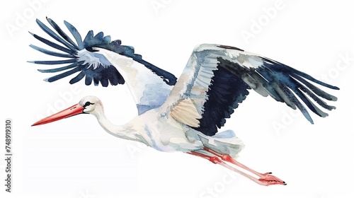 Watercolor flying single white stork bird animal isolated on a white background illustration.