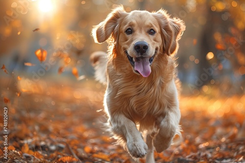 A playful golden retriever dog enjoying a run in a field covered with autumn leaves