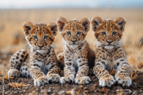 Trio of cheetah cubs with piercing eyes, lying closely together in their natural savannah habitat looking curiously