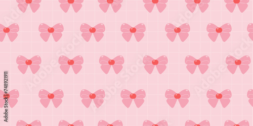 Trendy seamless pattern with pink bows and vintage checkered texture y2k background. Fashion aesthetic illustration in 2000s for textile, paper, fabric, wallpaper, print design. Vector
