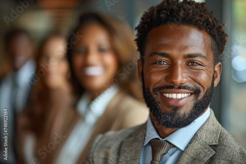 A cheerful, bearded African businessman surrounded by smiling colleagues