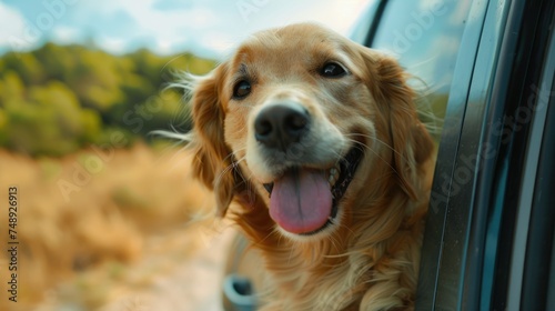 A playful dog enjoying the breeze from a car ride. Suitable for pet and travel concepts