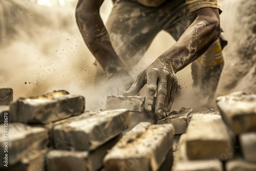 A construction worker carefully places bricks in a cloud of dust on a job site