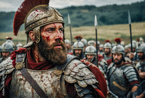 closeup of roman legionary soldier with helmet, beard and face stained with blood and armor on the battlefield and others soldiers on background.