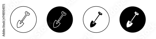 Shovel Icon Set. Spade dig soil vector symbol in a black filled and outlined style. Groundwork Tool Sign.