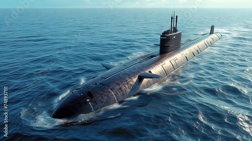 modern nuclear submarine sailing in the sea.