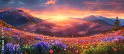 A beautiful landscape with a sun setting behind the mountains