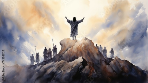 A painting of jesus standing on top of a hill, watercolor style