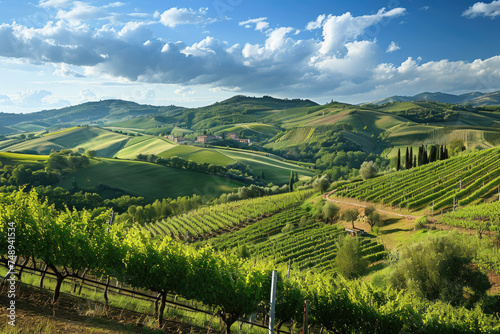 A panoramic view of a beautiful wine region with rolling hills and vineyards