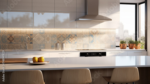 Modern kitchen with a tiled backsplash showcasing intricate mosaic patterns, elevating the room's unique design