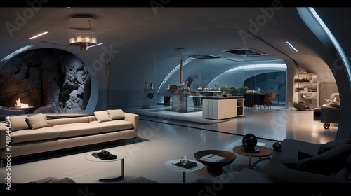 Underground futuristic bunker transformed into a luxurious living space with advanced technology and unique design elements