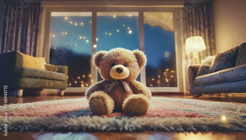 'ours en peluche est allongé sur un tapis sur une tonalité cinématographique, photo dramatic
