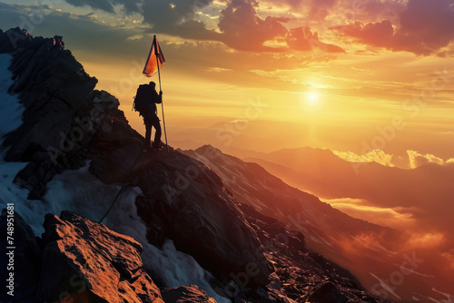 A person climbing a mountain with a flag and a sunrise in the background