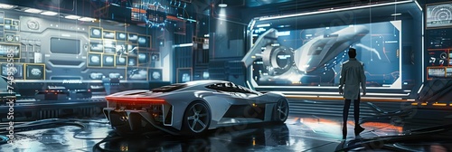 Futuristic car in high-tech facility - A concept futuristic car sits in a high-tech garage with advanced holographic displays and a sleek design aesthetic