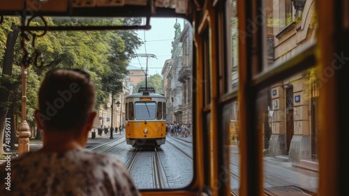 Passenger's perspective inside a classic yellow tram, observing another tram and the charming city street ahead, evoking a sense of daily urban life and travel.