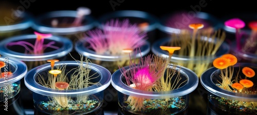 Mold and other fungi samples grown in laboratory petri dishes for mycology and microbiology research