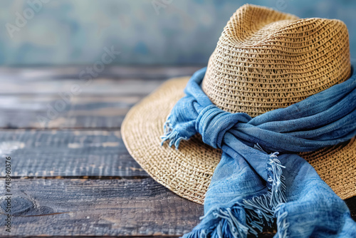 straw hat with blue scarf on wooden surface