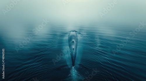 The calm waters part as a blue whale's dorsal fin breaks the surface. Fog envelops the scene, adding an ethereal quality to the whale's quiet surfacing