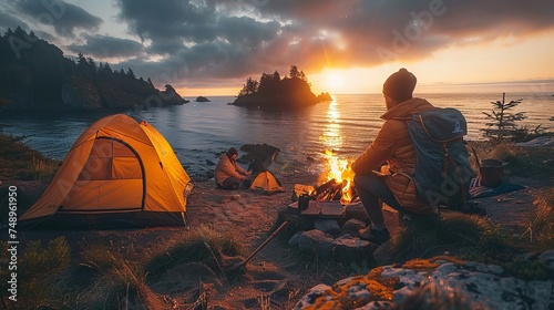 a man is sitting at a campfire watching the sunset over the ocean