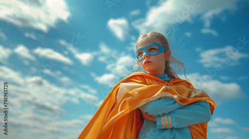 Kleine Superheldin: Mädchen mit Umhang und Brille bereit, die Welt zu erobern