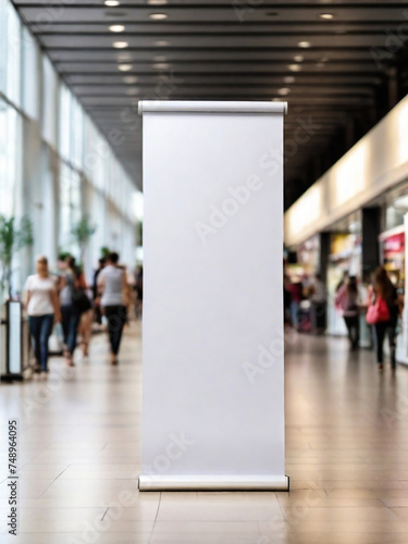 Roll up mockup, poster stand in a shopping center or mall environment as a wide banner design with blank, empty copy space area