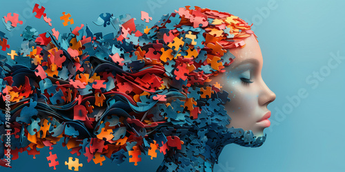 Woman surrounded by puzzle pieces, creative mind, exploding brain full of ideas and imagination, education concept, colorful jigsaw 