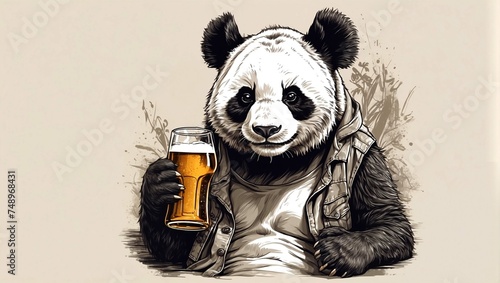 Cute panda drinking beer, illustration on solid background. 