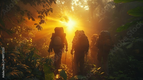a group of people are walking through a forest at sunset