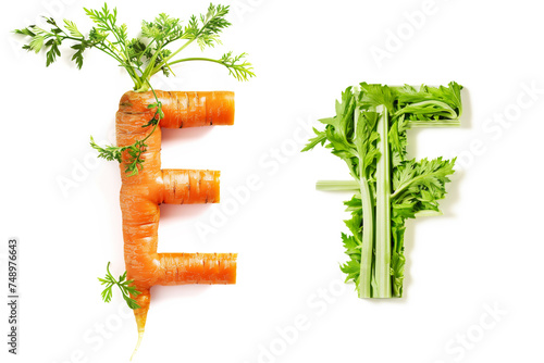 Vegetable Letters "E" and "F" Made of Carrot and Celery Isolated on White Background