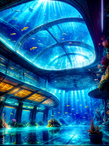 Large aquarium filled with lots of fish under sky filled with clouds.