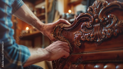 Craftsman hands restoring intricate wooden furniture details