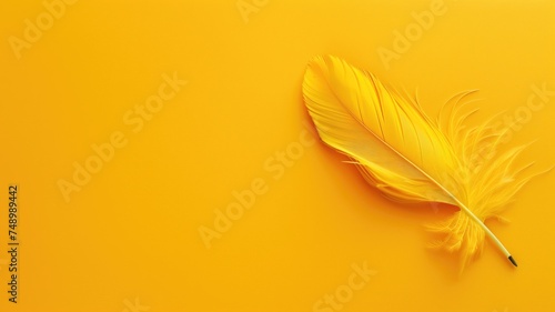 A delicate yellow feather lies on a bright yellow background
