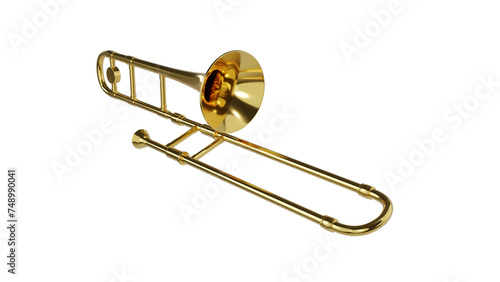 Brass trombone isolated on transparent and white background. Music concept. 3D render