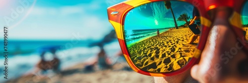 Spain's flag reflected in the sunglasses of a tourist enjoying a beach day