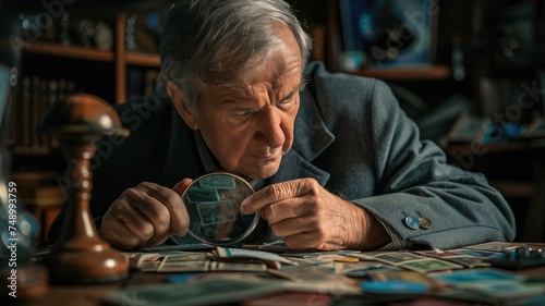An elder philatelist magnifies stamps, immersed in his hobby