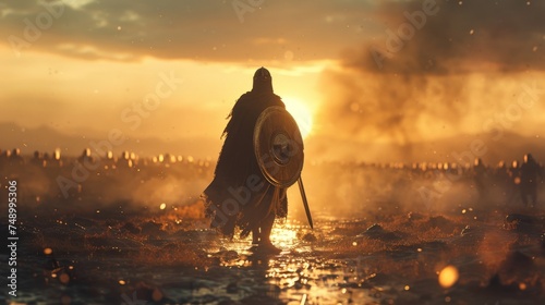 A lone warrior holding a shield traverses a fiery battlefield, embodying determination, bravery, and the chaos of conflict