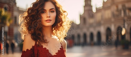 A beautiful woman with curly hair is posing for pictures in front of a historic building in Seville, showcasing the vibrant red dress she is wearing. The setting is the renowned square of the