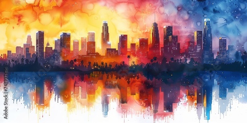 Vibrant Watercolor Illustration of Los Angeles Skyline with Famous Buildings Generative AI