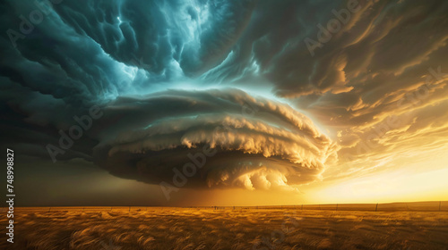 A supercell thunderstorm forming over the Great Plains with a clear view of its rotating mesocyclone.