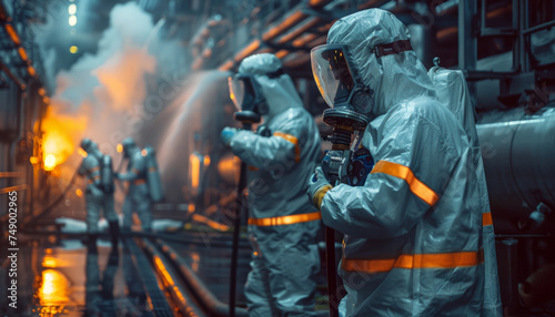 radiation accident at a nuclear power plant, explosion in a reactor. Scientists in radiation protective equipment.
