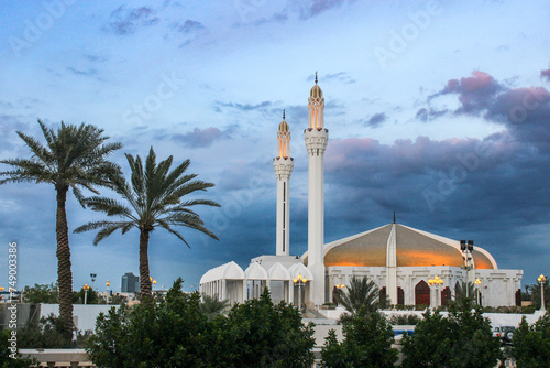 Beautiful front view of the entrance of Hassan En any Mosque at sunset in Jeddah, Saudi Arabia