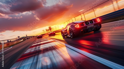 High-Octane Racing Cars Speeding on Track at Sunset - Generative AI