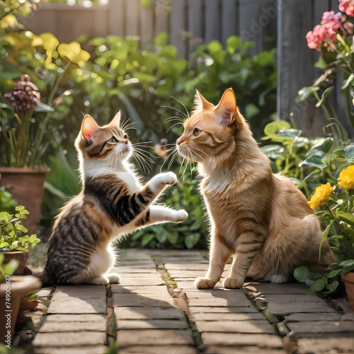 Beautiful picture of two cats playing in a backyard