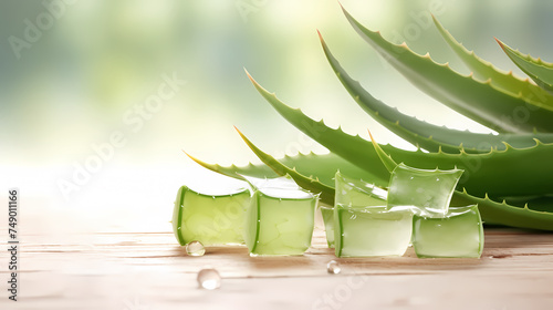 Green aloe vera leaf with dew drops background
