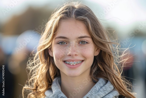 A smiling teenage girl with dental braces and glasses poses for a picture.