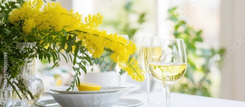 A table is adorned with a vase of yellow flowers, green leaves, and mimosa branches. A glass of wine is also present on the table, creating a beautiful springtime setting.