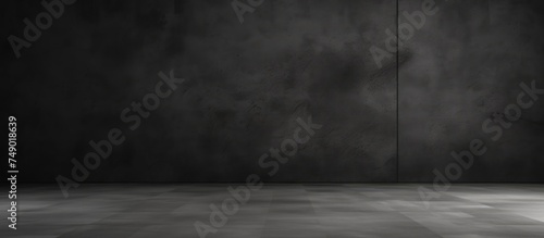 A black and white photograph showcasing an empty room with a black studio background and a textured black cement wall. The room appears vacant and devoid of any furniture or decorations.